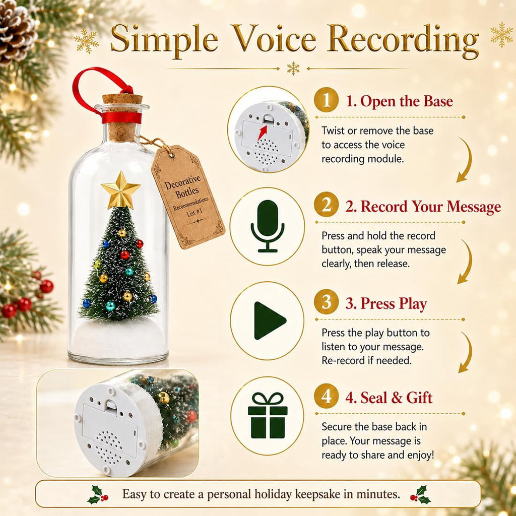 Recordable Christmas Tree in a Bottle Ornament, Record a Message 30-Second Voice Recording Keepsake, Glass Decoration with Snowy Mini Tree for Mantel