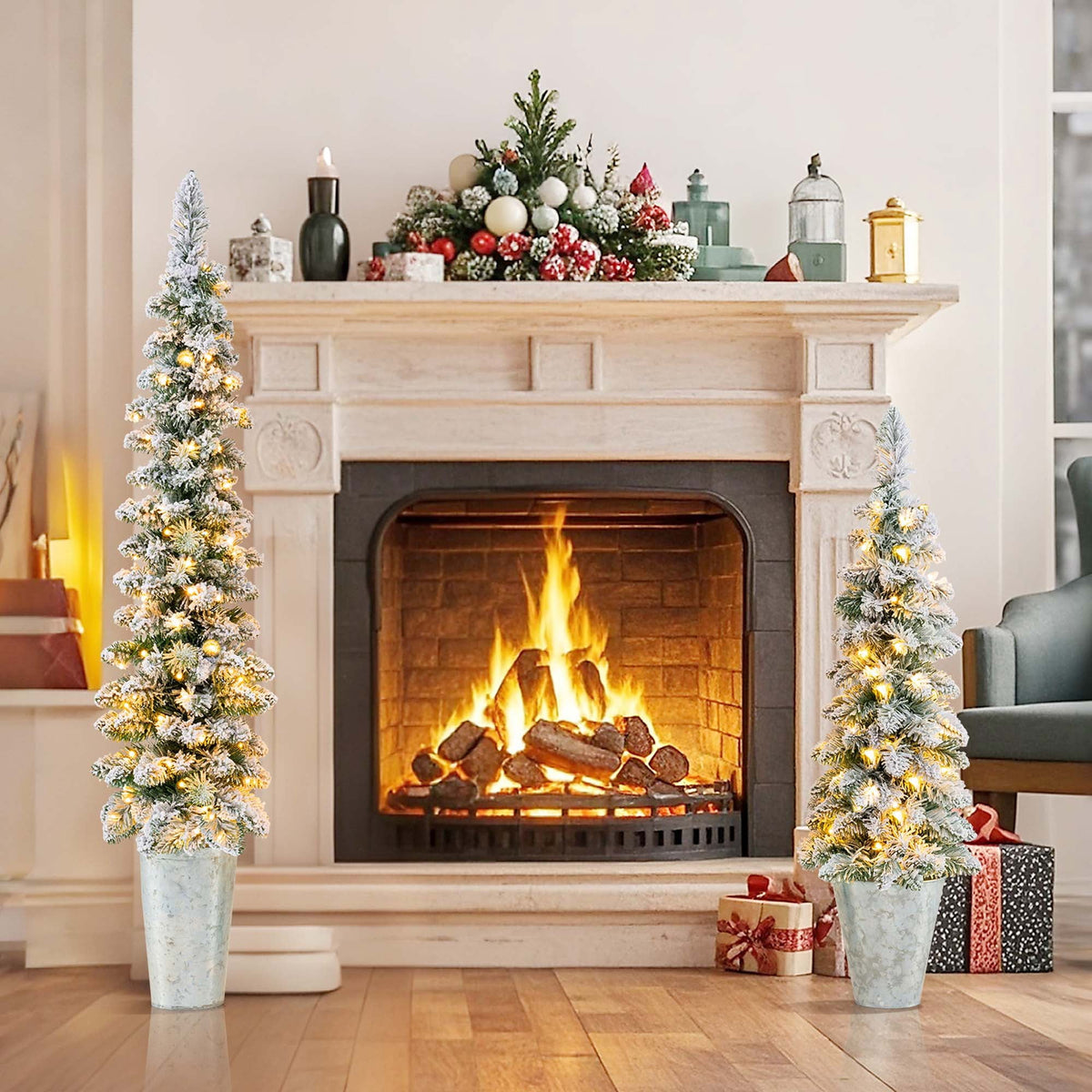 Costway Set of 3 Pre-Lit Snow Flocked Artificial Christmas Trees Decoration 3, 4, 5 FT