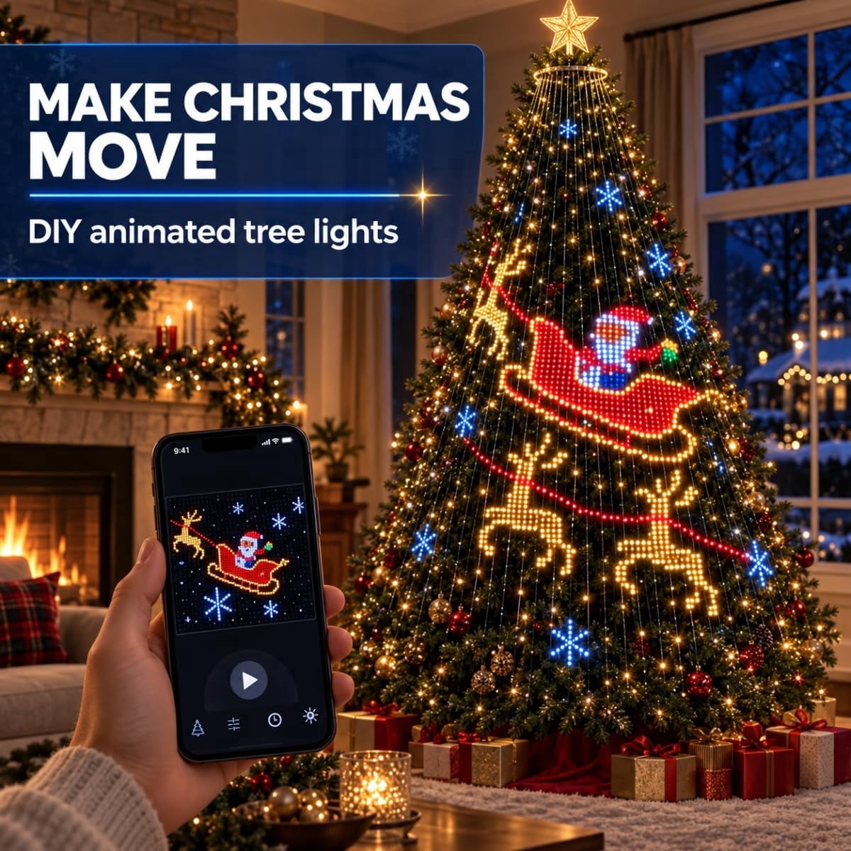 Smart Animated Christmas Tree Lights, App-Controlled DIY Animations, Animated Christmas tree lights create colorful DIY patterns, text, and effects from your phone for trees, windows, and walls