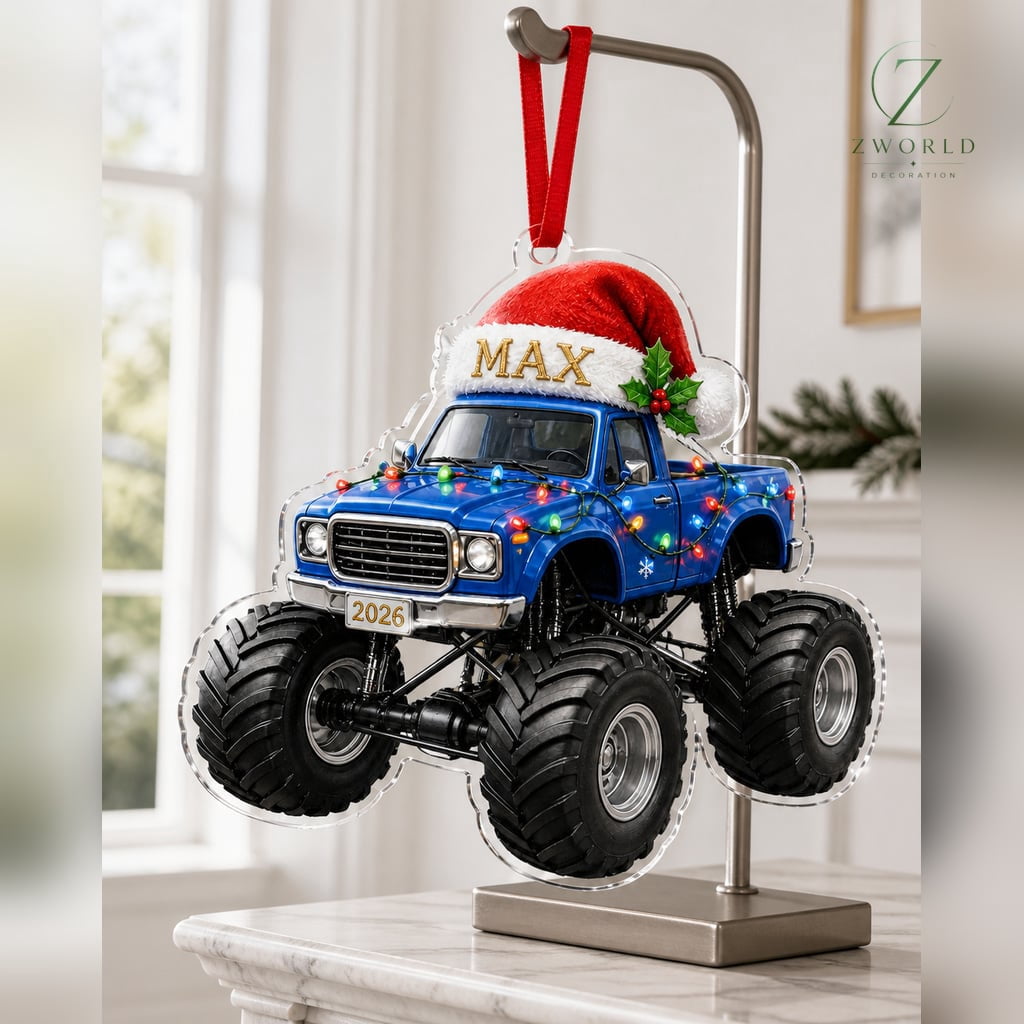 Flat Ornament Personalized Monster Truck Santa Hat Vehicle with Name Christmas Tree Decor