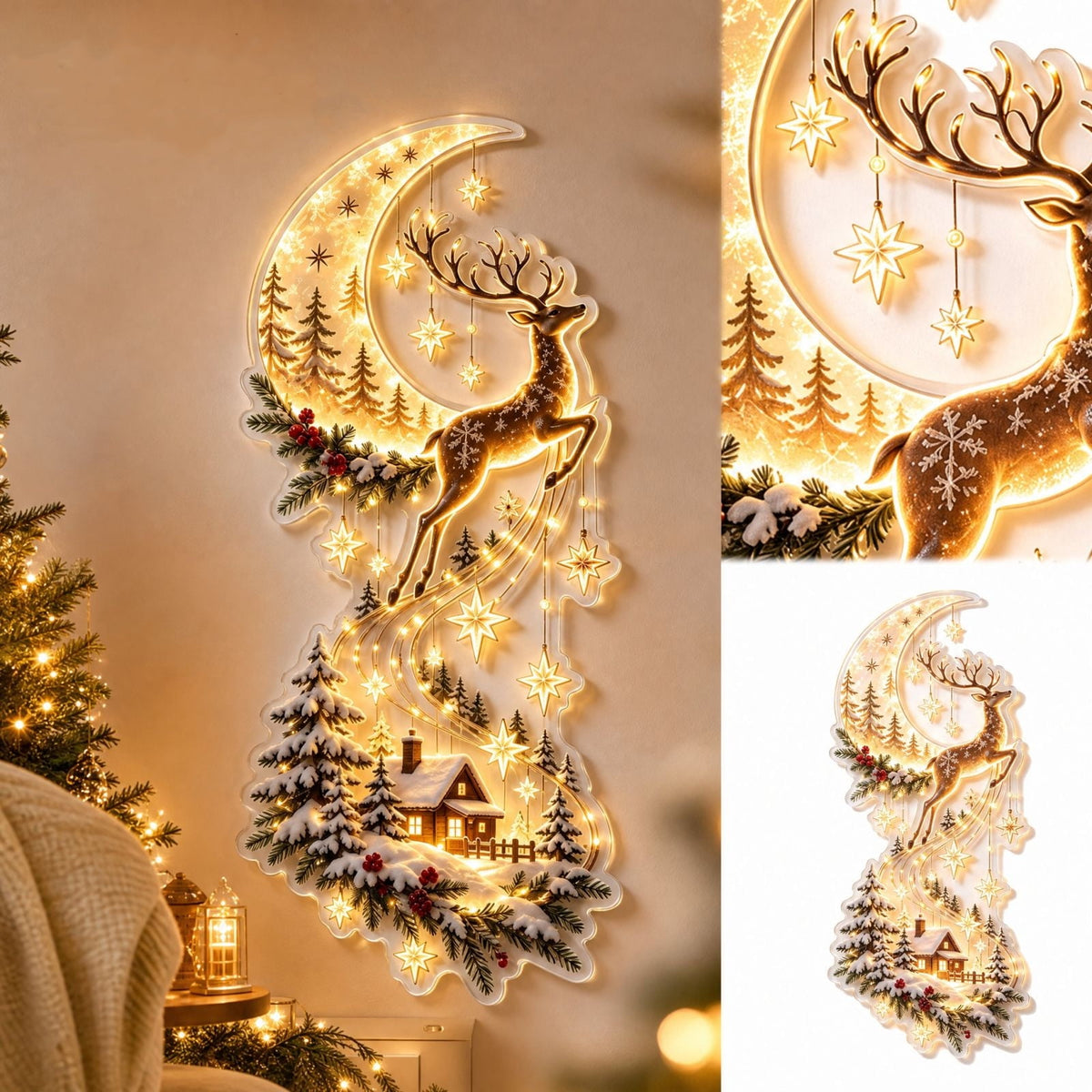 5Pcs Christmas Stair Banister Decoration Lighted Santa Snow Scene Garland for Stair Railing Indoor Holiday Home Ornament