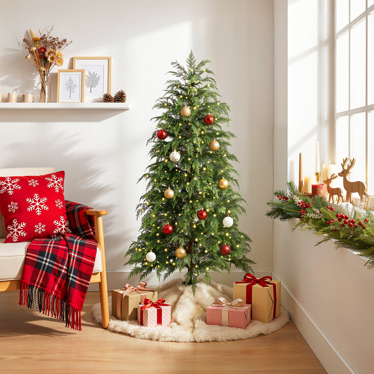 DR.Planzen 6' Pre-Lit Green Cypress Artificial Christmas Tree with 350 Warm White Twinkle LED Lights, Full-Bodied Xmas Tree with Metal Stand, Indoor Holiday Decoration