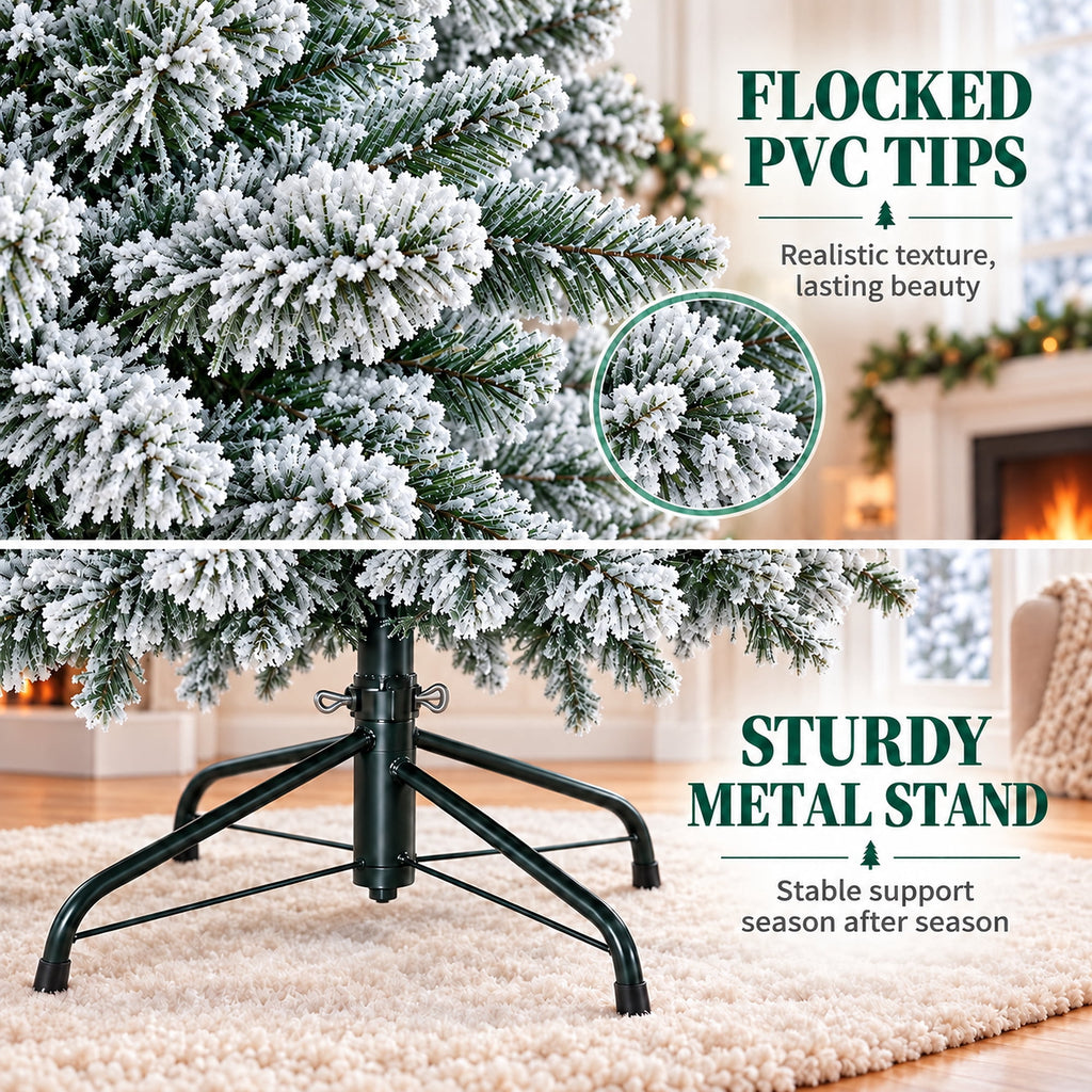 SUGIFT 7.5ft Artificial Snow Flocked Christmas Tree, 1450 Branch Tips, Unlit Holiday Decor with Metal Stand