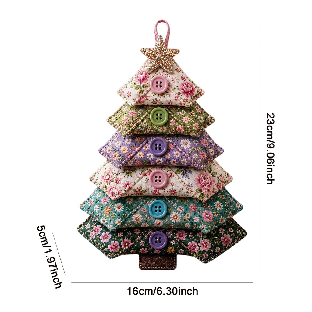 6 Pack Quilted Fabric Christmas Tree Ornament DIY Craft Set, Patchwork Xmas Tree Hanging Decoration with Buttons & Star for Farmhouse Holiday Decor