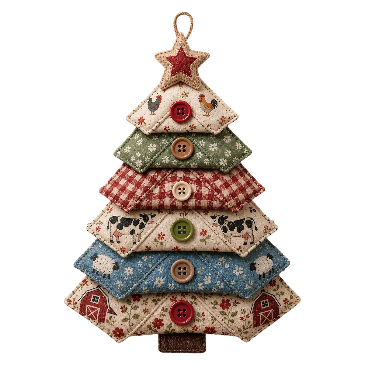 6 Pack Quilted Fabric Christmas Tree Ornament DIY Craft Set, Patchwork Xmas Tree Hanging Decoration with Buttons & Star for Farmhouse Holiday Decor
