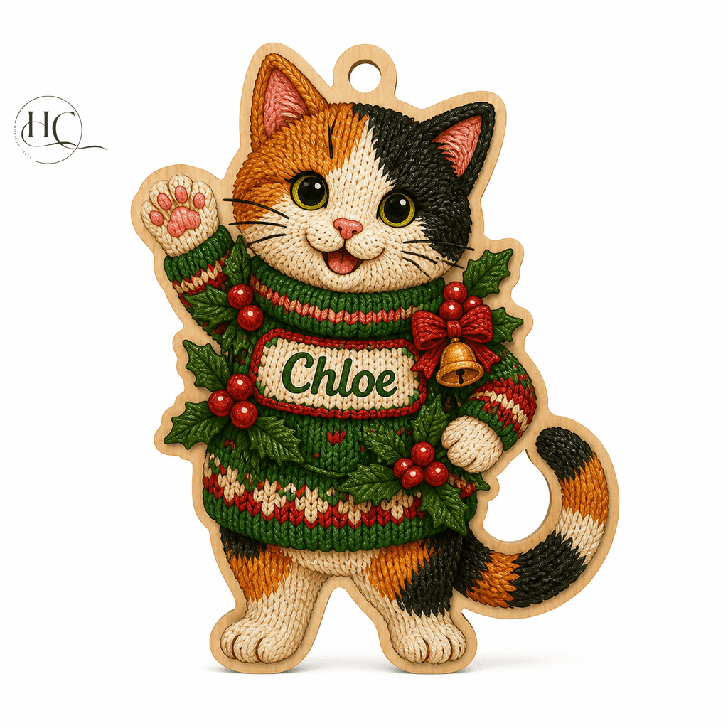 Wooden Ornament Christmas Calico Cat Sweater Wood Tree Hanging for Cat Lovers