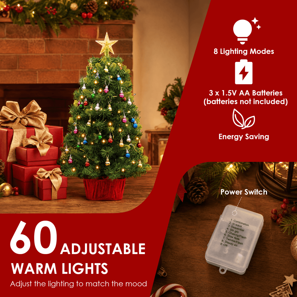 AUOSHI 2FT Mini Christmas Trees, 2 Pack Pre-Lit Artificial Tabletop Christmas Trees, Each with 60 Warm Lights, 36 Ornaments, Star Toppers, 100-Tip Small Christmas Tree Decor for Home, Small Spaces
