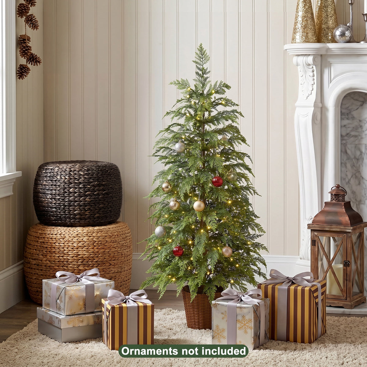 DR.Planzen 6' Pre-Lit Green Cypress Artificial Christmas Tree with 350 Warm White Twinkle LED Lights, Full-Bodied Xmas Tree with Metal Stand, Indoor Holiday Decoration