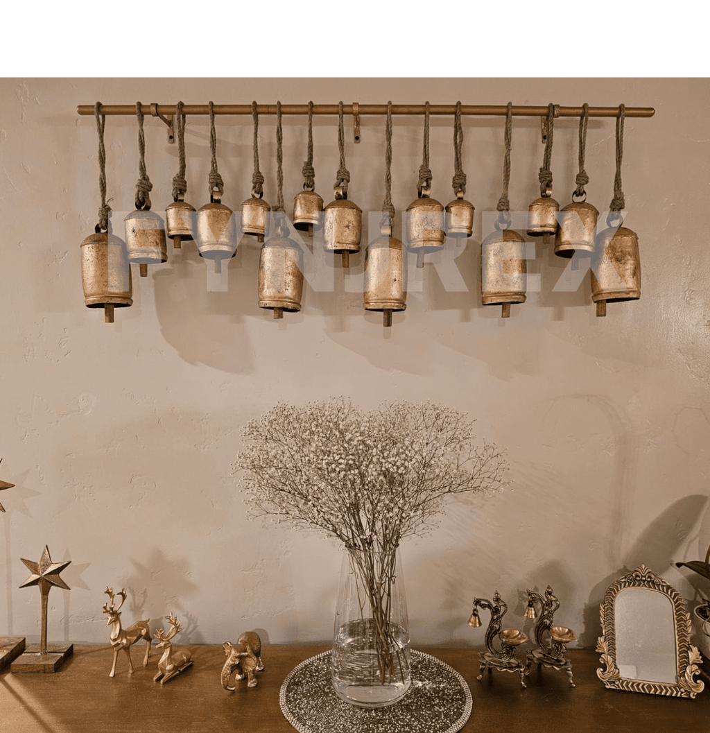 Rustic Cow Bells Set of 15 on Hanging Rod, Vintage Gold Harmony Bells Wall Decor