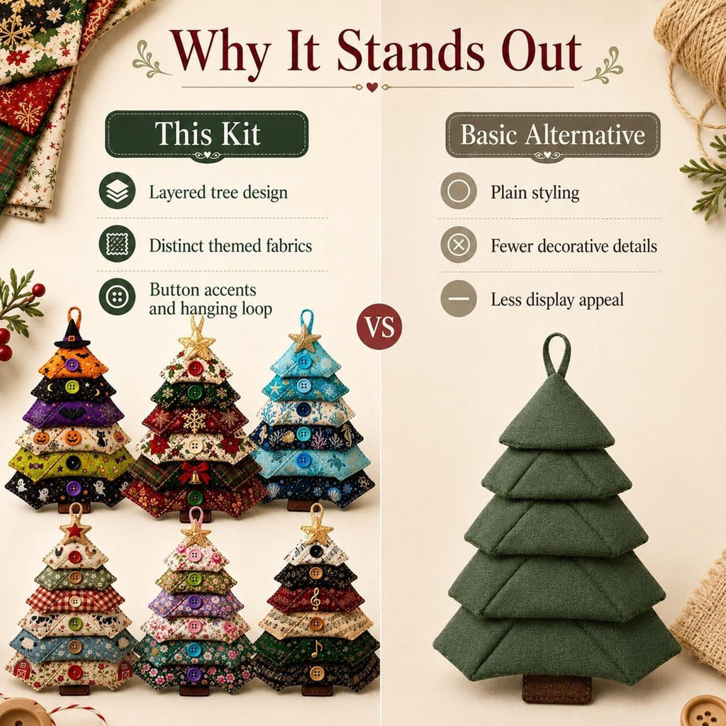 6 Pack Quilted Fabric Christmas Tree Ornament DIY Craft Set, Patchwork Xmas Tree Hanging Decoration with Buttons & Star for Farmhouse Holiday Decor