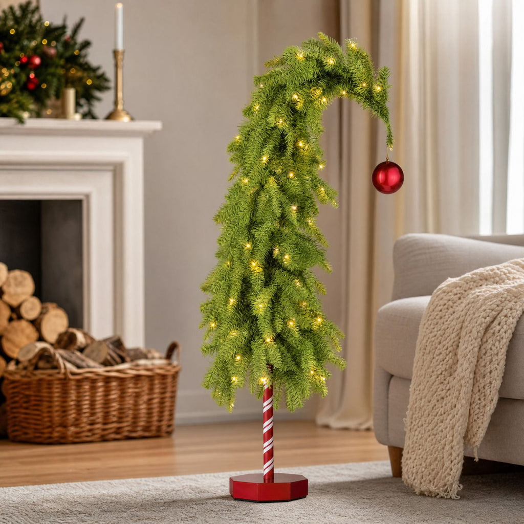 MInHoues Lighted Whimsical Christmas Tree, 55" Pre‑Lit Warm LED Bent Christmas Tree with Red Ornament, Candy Cane Base Tabletop Holiday Decor, Battery Operated Small Curved Xmas Tree for Home Party