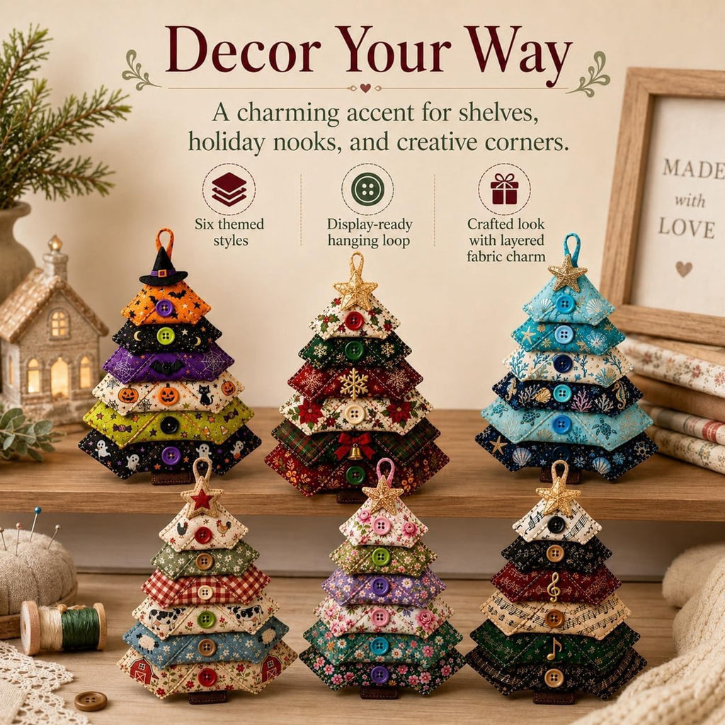 6 Pack Quilted Fabric Christmas Tree Ornament DIY Craft Set, Patchwork Xmas Tree Hanging Decoration with Buttons & Star for Farmhouse Holiday Decor