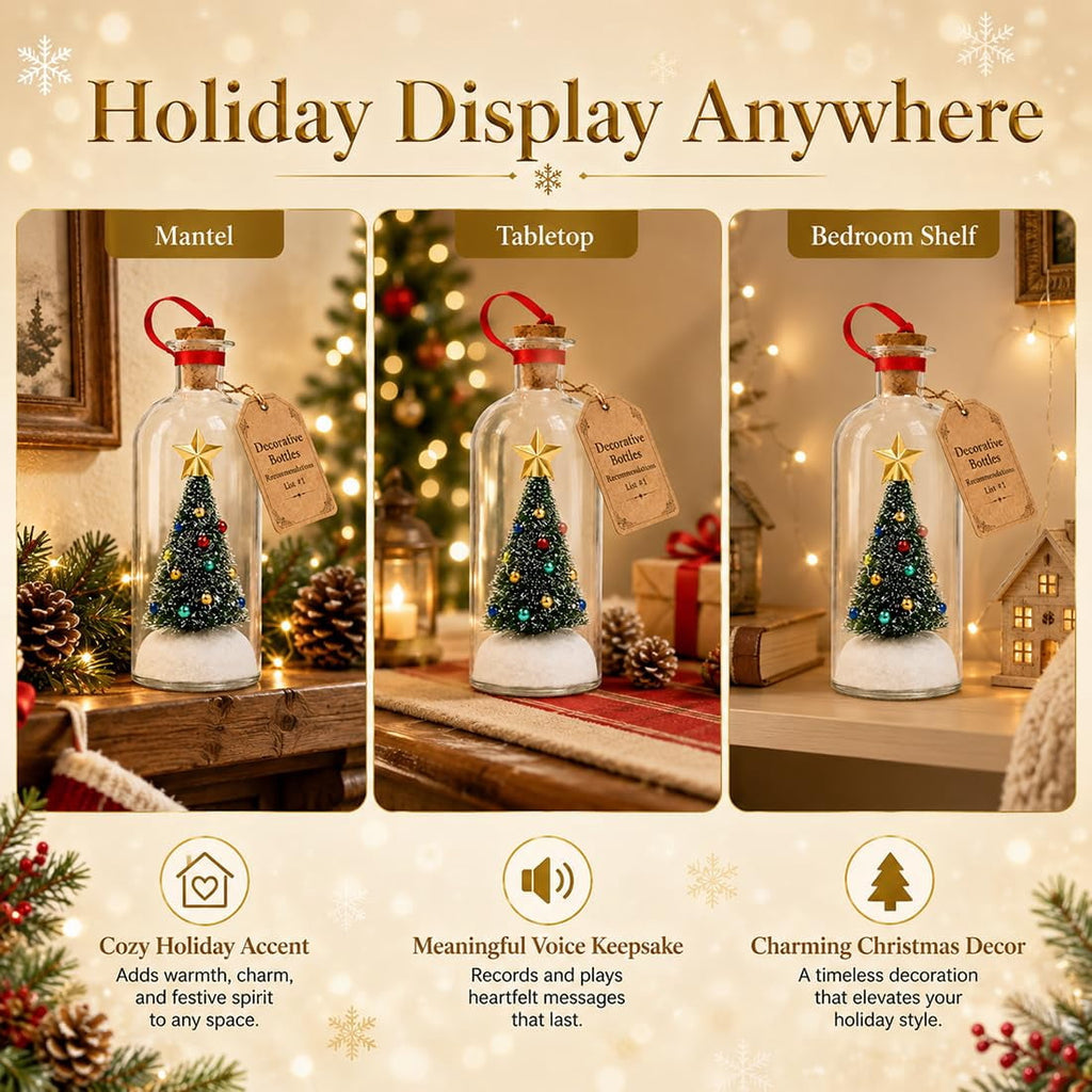 Recordable Christmas Tree in a Bottle Ornament, Record a Message 30-Second Voice Recording Keepsake, Glass Decoration with Snowy Mini Tree for Mantel