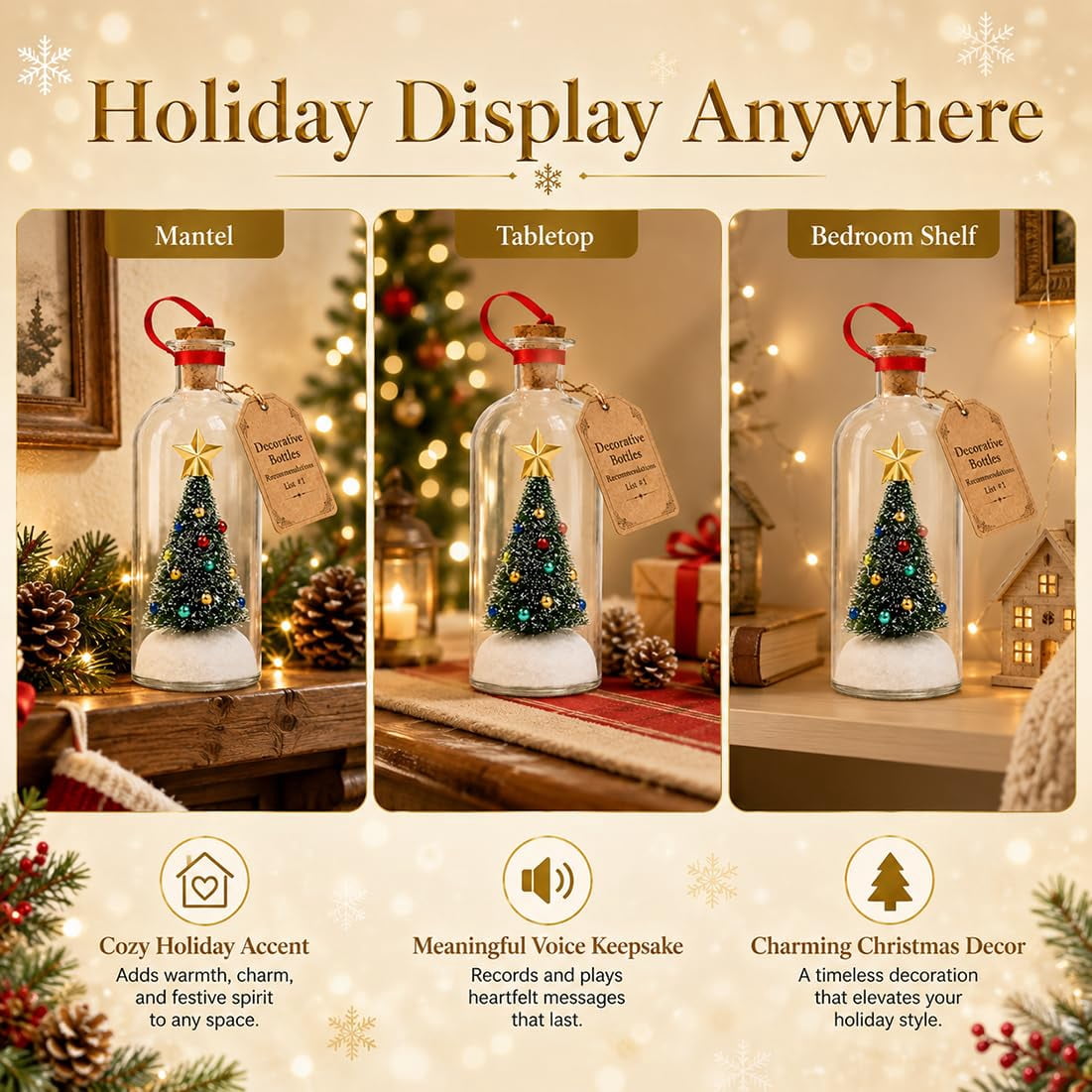 Recordable Christmas Tree in a Bottle Ornament, Record a Message 30-Second Voice Recording Keepsake, Glass Decoration with Snowy Mini Tree for Mantel