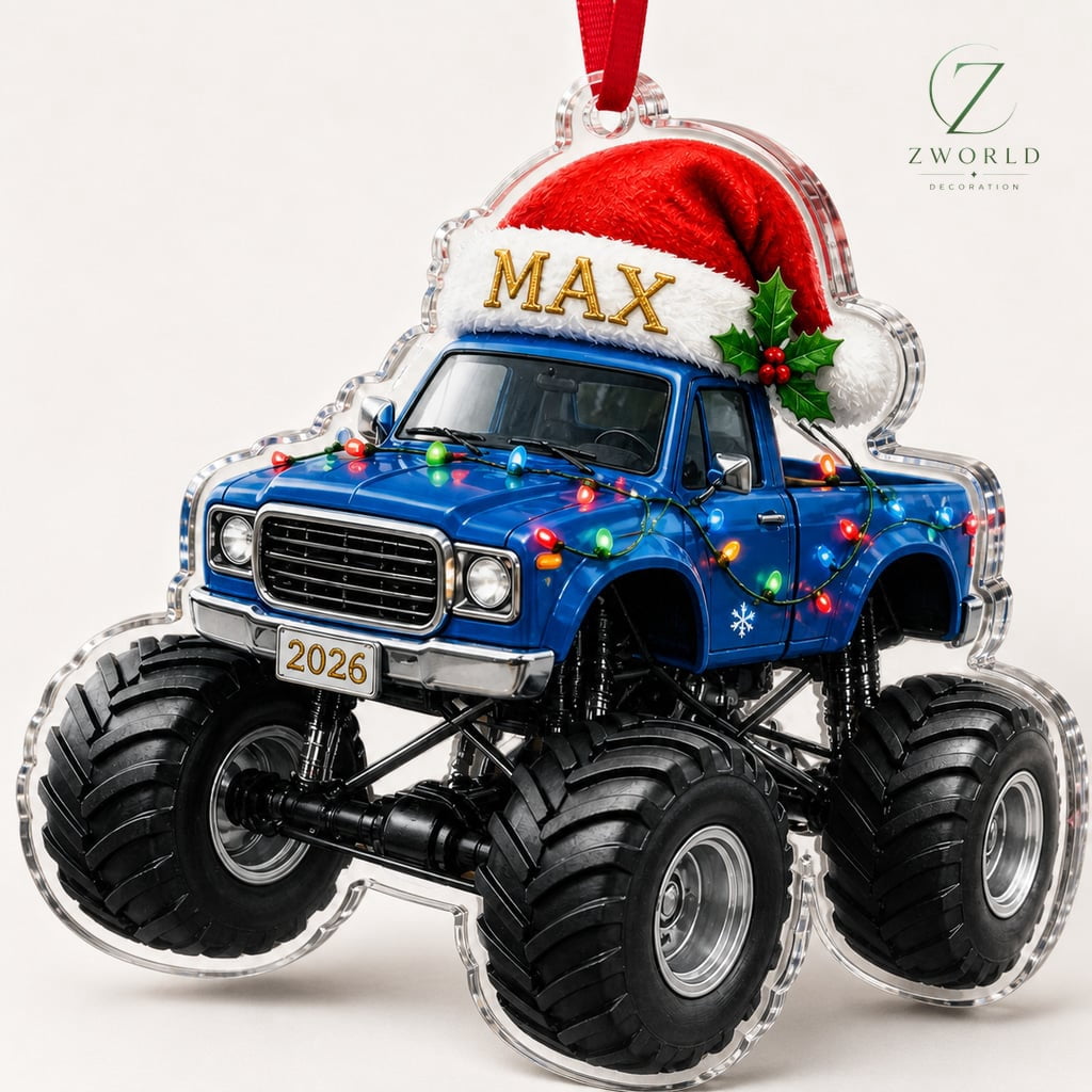 Flat Ornament Personalized Monster Truck Santa Hat Vehicle with Name Christmas Tree Decor