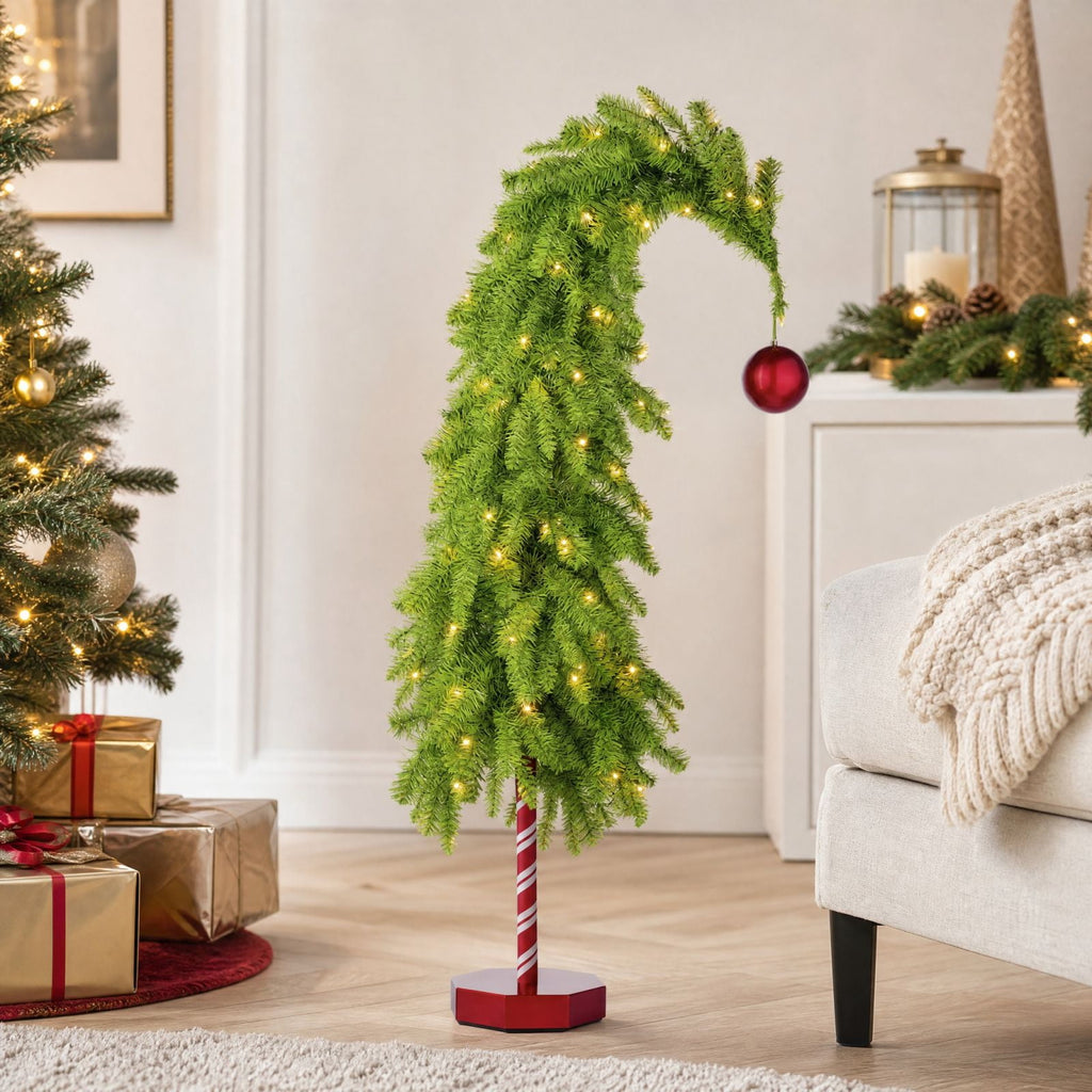 MInHoues Lighted Whimsical Christmas Tree, 55" Pre‑Lit Warm LED Bent Christmas Tree with Red Ornament, Candy Cane Base Tabletop Holiday Decor, Battery Operated Small Curved Xmas Tree for Home Party