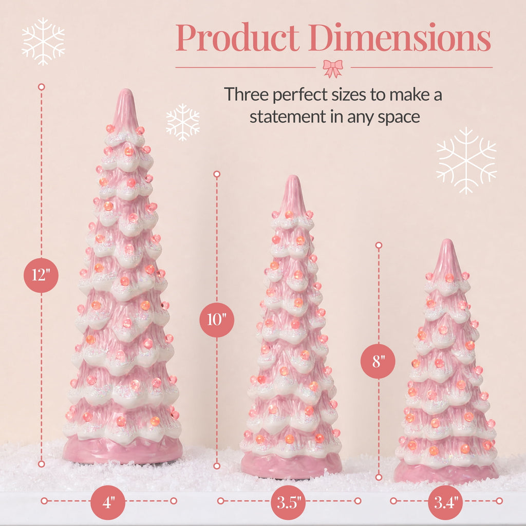 Best Choice Products Set of 3 Pre-Lit Hand-Painted Ceramic Tabletop Christmas Trees w/ Pink Bulbs - Pink
