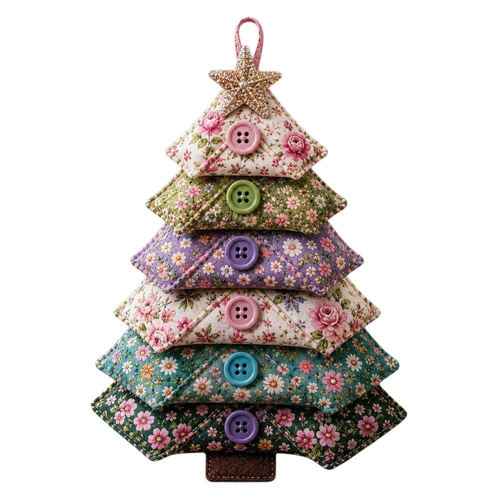 6 Pack Quilted Fabric Christmas Tree Ornament DIY Craft Set, Patchwork Xmas Tree Hanging Decoration with Buttons & Star for Farmhouse Holiday Decor