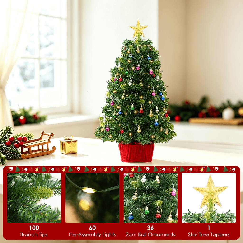 AUOSHI 2FT Mini Christmas Trees, 2 Pack Pre-Lit Artificial Tabletop Christmas Trees, Each with 60 Warm Lights, 36 Ornaments, Star Toppers, 100-Tip Small Christmas Tree Decor for Home, Small Spaces