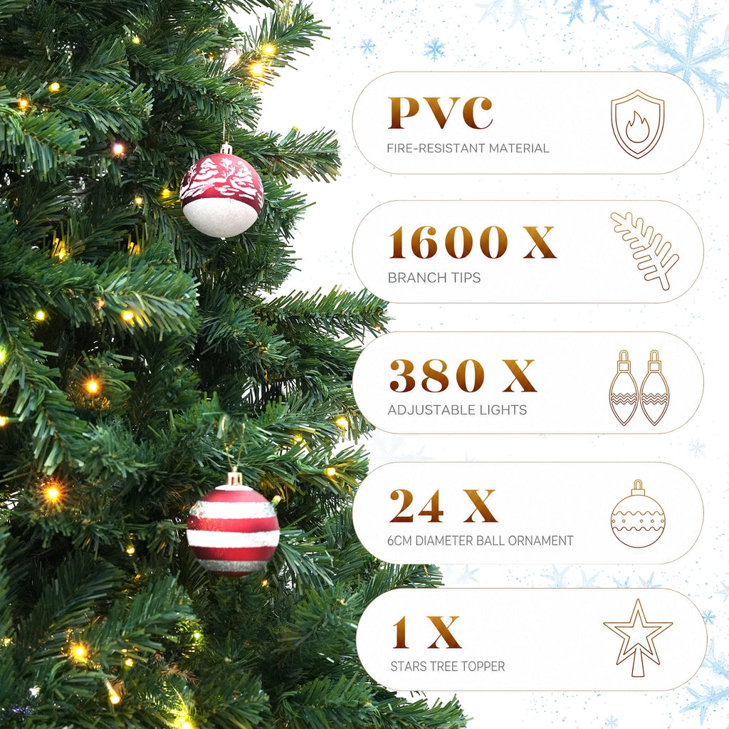AUOSHI 7.5 FT Prelit Christmas Tree, 1600-Tip Artificial Christmas Tree with Lights, Xmas Tree with 380 LED, 11 Modes, 4 Brightness Levels, 3 Timers, Remote Control, Iron Stand, 24 Ornaments,1 Topper