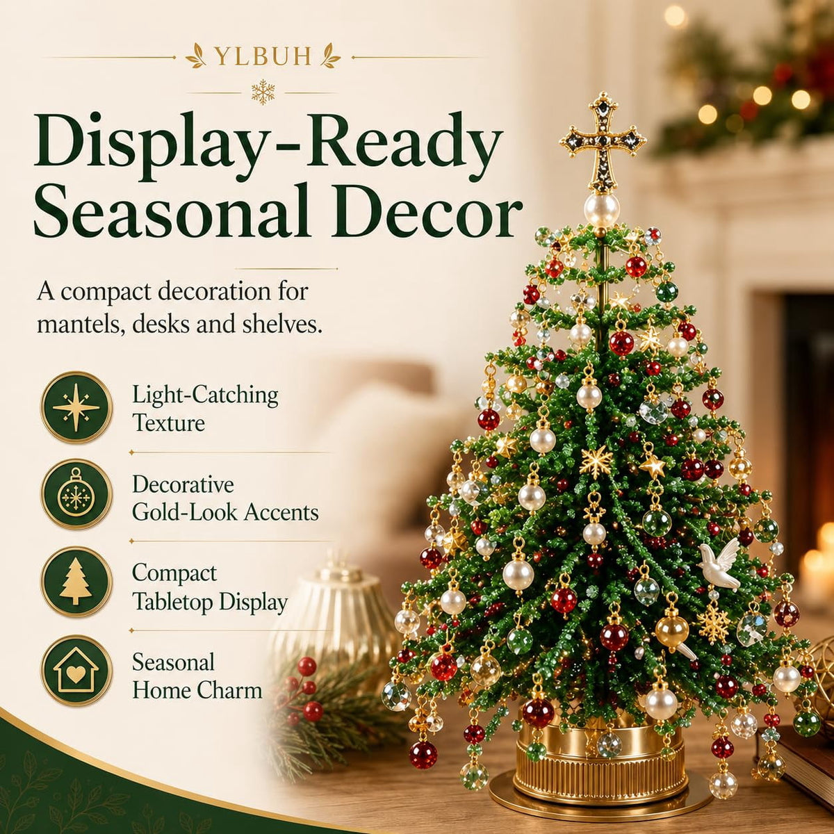HIJUNE DIY Beaded Christmas Tree Kit, 3D Crystal Bead Holiday Craft Set, Colorful beads and wire, 3D tabletop tree design, compact holiday decor, creative Christmas project for adults