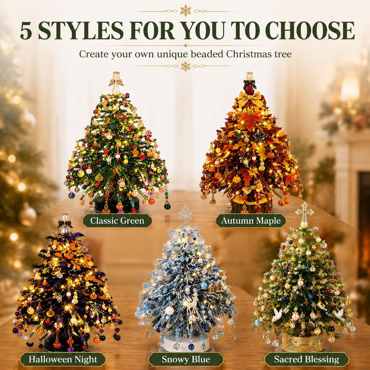 MerriBead Christmas Tree, DIY Beaded Christmas Tree Kit with Lights, Handmade Mini Desk Bead Art Holiday Decoration