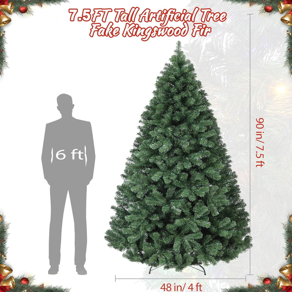 7.5ft Full PE Branch Artificial Spruce Christmas Tree, Hinged Sections Foldable Metal Base Holiday Decor