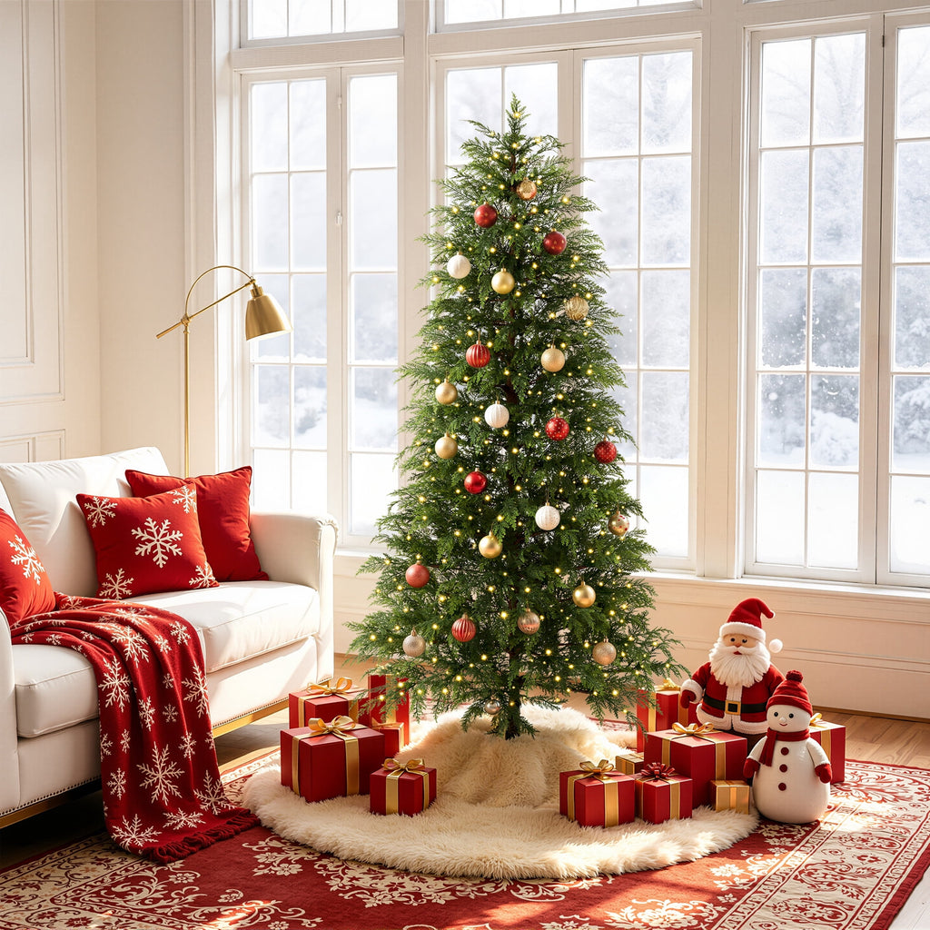 DR.Planzen 6' Pre-Lit Green Cypress Artificial Christmas Tree with 350 Warm White Twinkle LED Lights, Full-Bodied Xmas Tree with Metal Stand, Indoor Holiday Decoration