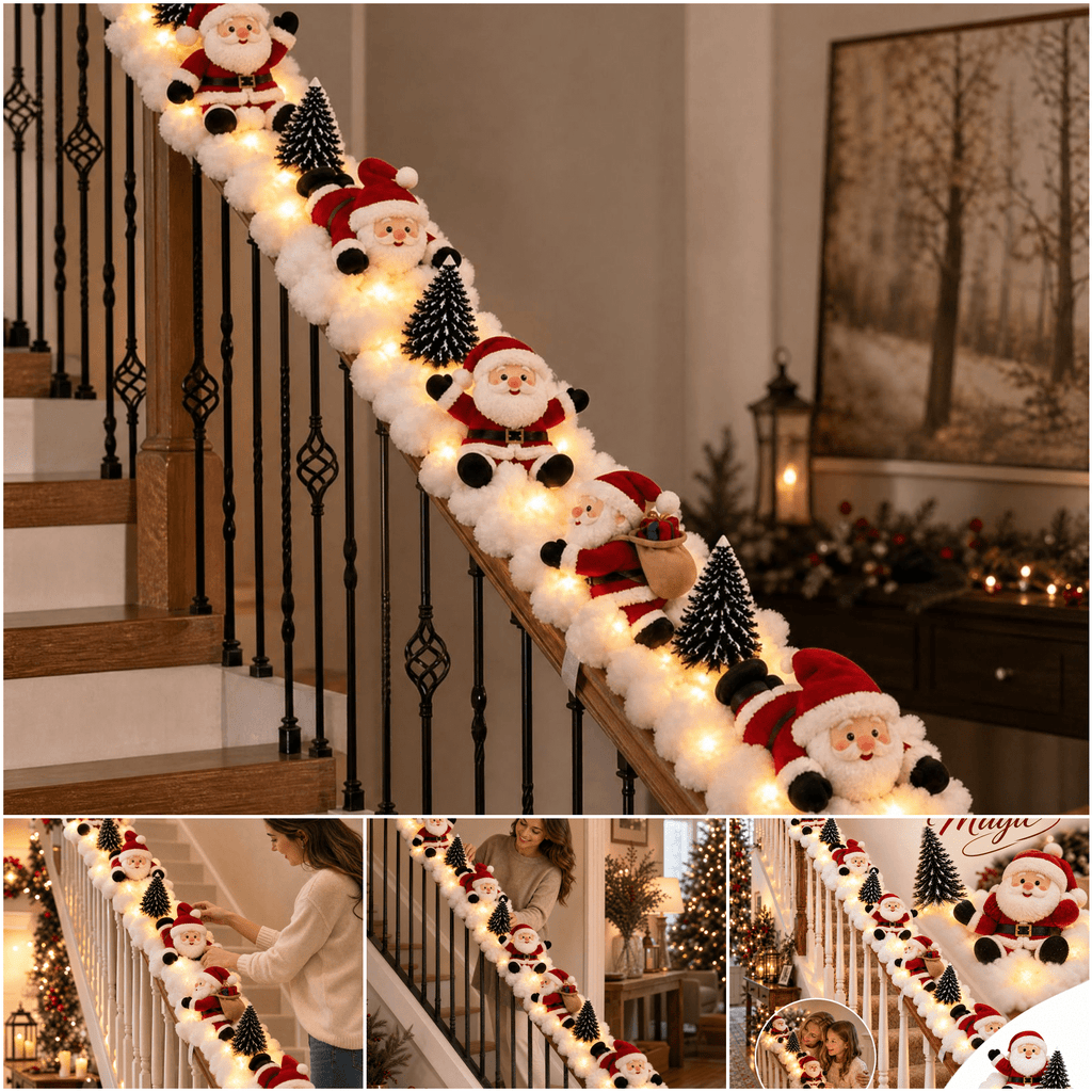 5Pcs Christmas Stair Banister Decoration Lighted Santa Snow Scene Garland for Stair Railing Indoor Holiday Home Ornament