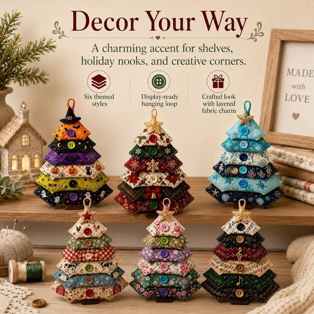 6 Pack Quilted Fabric Christmas Tree Ornament DIY Craft Set, Patchwork Xmas Tree Hanging Decoration with Buttons & Star for Farmhouse Holiday Decor