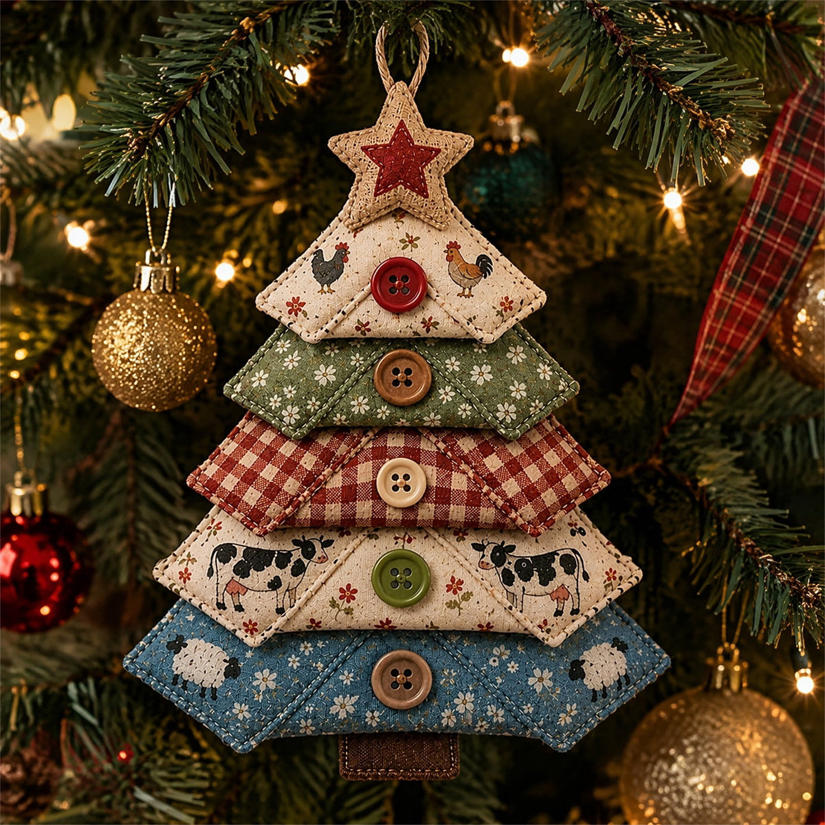 6 Pack Quilted Fabric Christmas Tree Ornament DIY Craft Set, Patchwork Xmas Tree Hanging Decoration with Buttons & Star for Farmhouse Holiday Decor