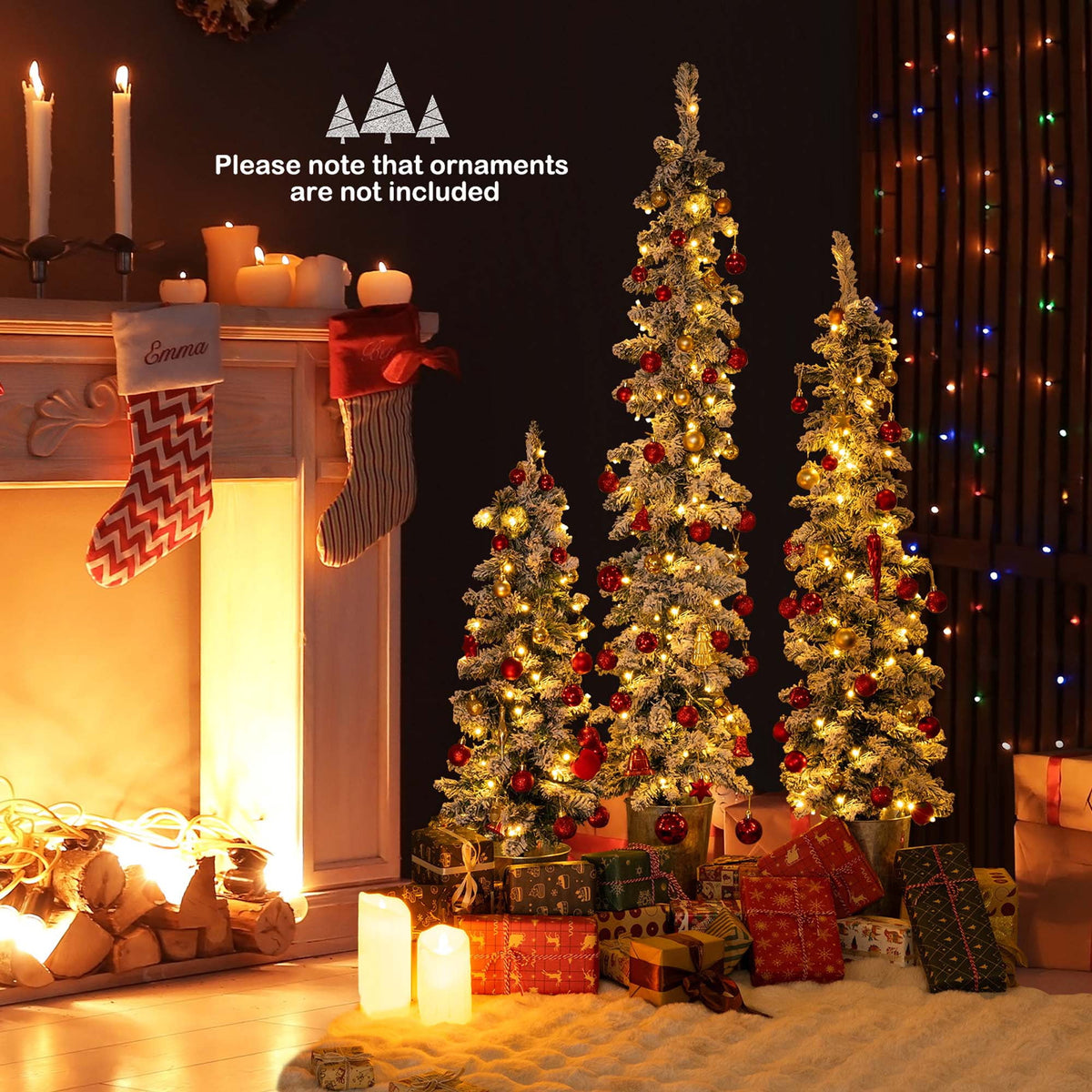 Costway Set of 3 Pre-Lit Snow Flocked Artificial Christmas Trees Decoration 3, 4, 5 FT