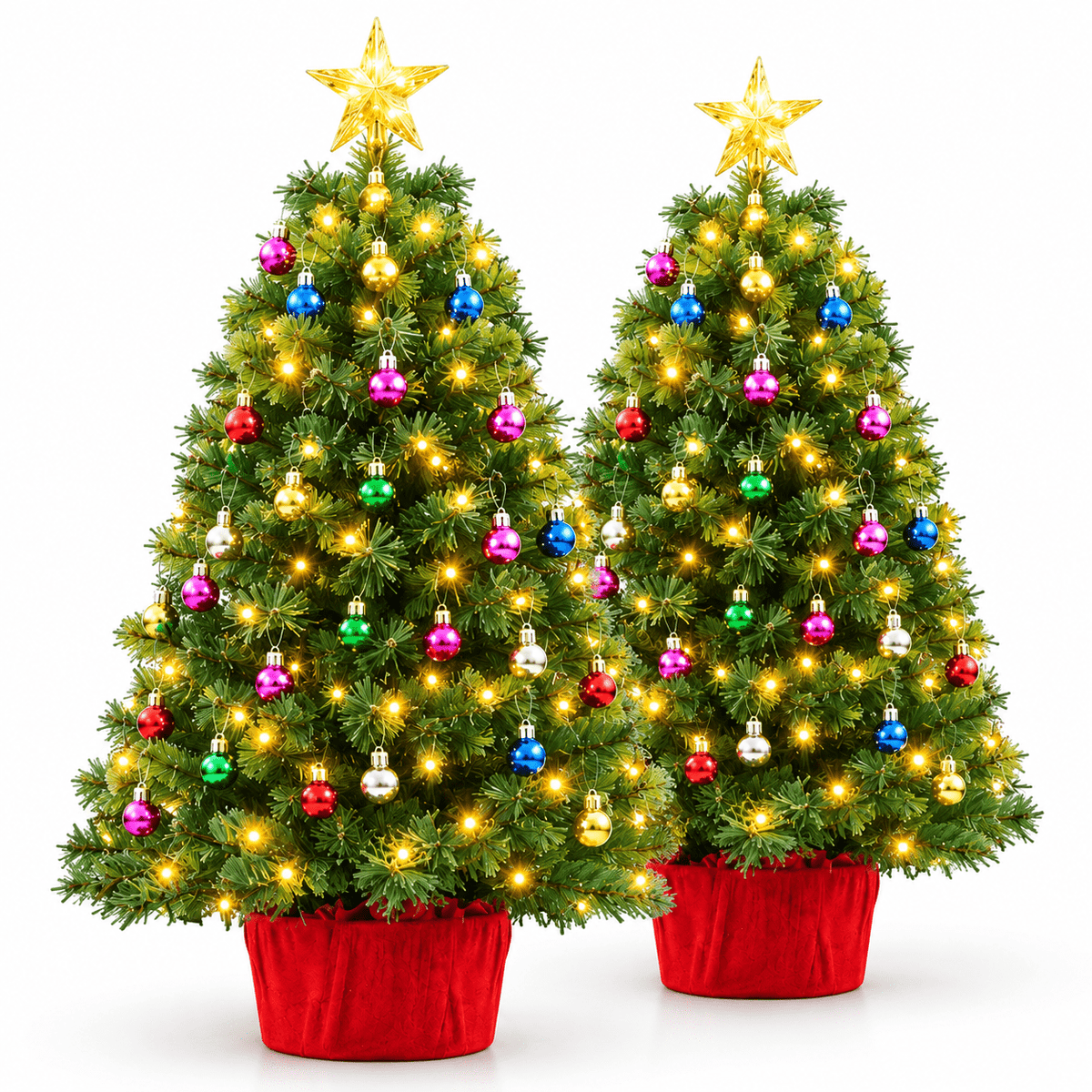 AUOSHI 2FT Mini Christmas Trees, 2 Pack Pre-Lit Artificial Tabletop Christmas Trees, Each with 60 Warm Lights, 36 Ornaments, Star Toppers, 100-Tip Small Christmas Tree Decor for Home, Small Spaces