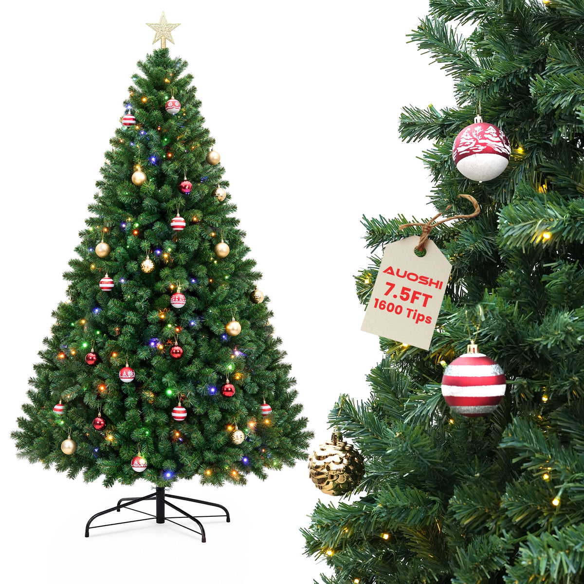 AUOSHI 7.5 FT Prelit Christmas Tree, 1600-Tip Artificial Christmas Tree with Lights, Xmas Tree with 380 LED, 11 Modes, 4 Brightness Levels, 3 Timers, Remote Control, Iron Stand, 24 Ornaments,1 Topper
