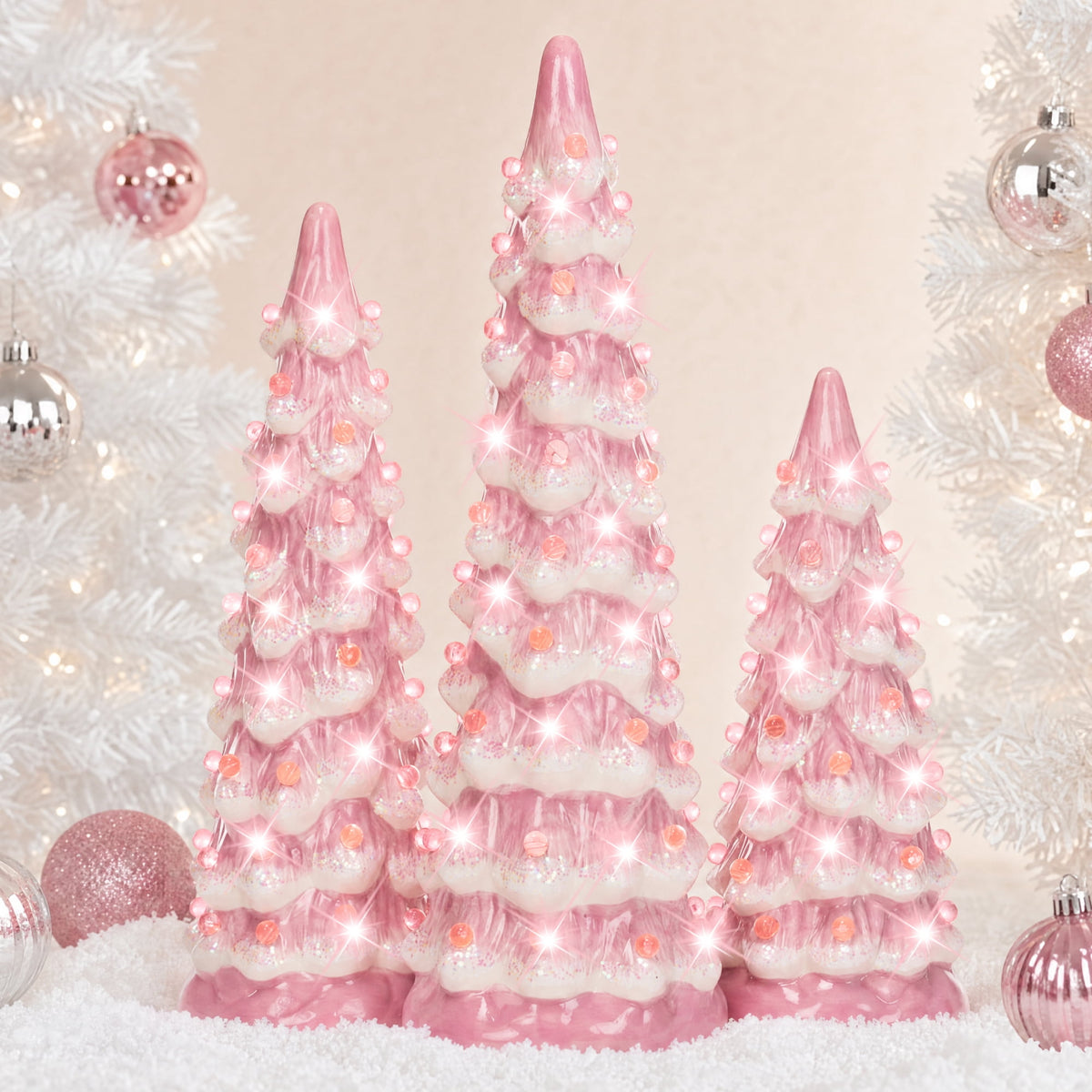 Best Choice Products Set of 3 Pre-Lit Hand-Painted Ceramic Tabletop Christmas Trees w/ Pink Bulbs - Pink