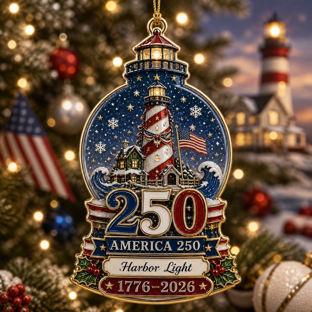 Christmas Ornament Patriotic Lighthouse Metal Tree Hanging for America 250th Holiday Decor