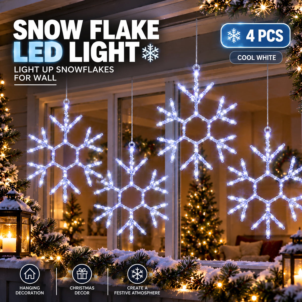 Christmas Snowflake LED Light Hanging Ornament Light Up Snow Flake Decorations Glowing Lighted Winter Holiday Decor Christmas Decoration