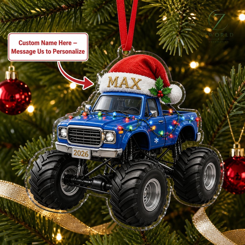 Flat Ornament Personalized Monster Truck Santa Hat Vehicle with Name Christmas Tree Decor