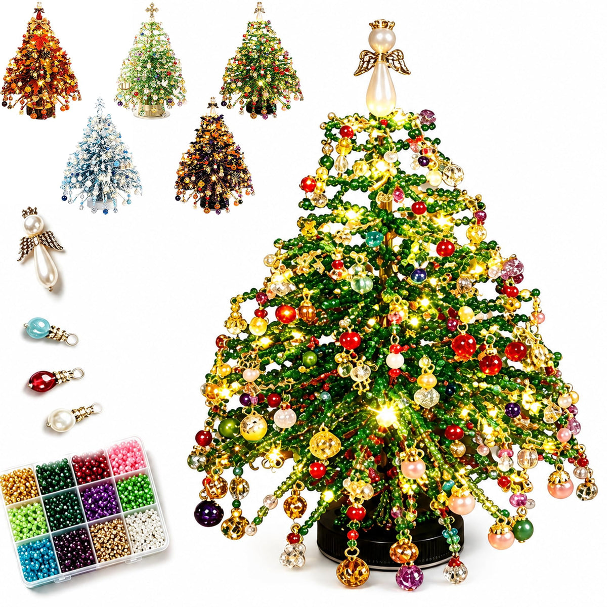 HIJUNE DIY Beaded Christmas Tree Kit, 3D Crystal Bead Holiday Craft Set, Colorful beads and wire, 3D tabletop tree design, compact holiday decor, creative Christmas project for adults
