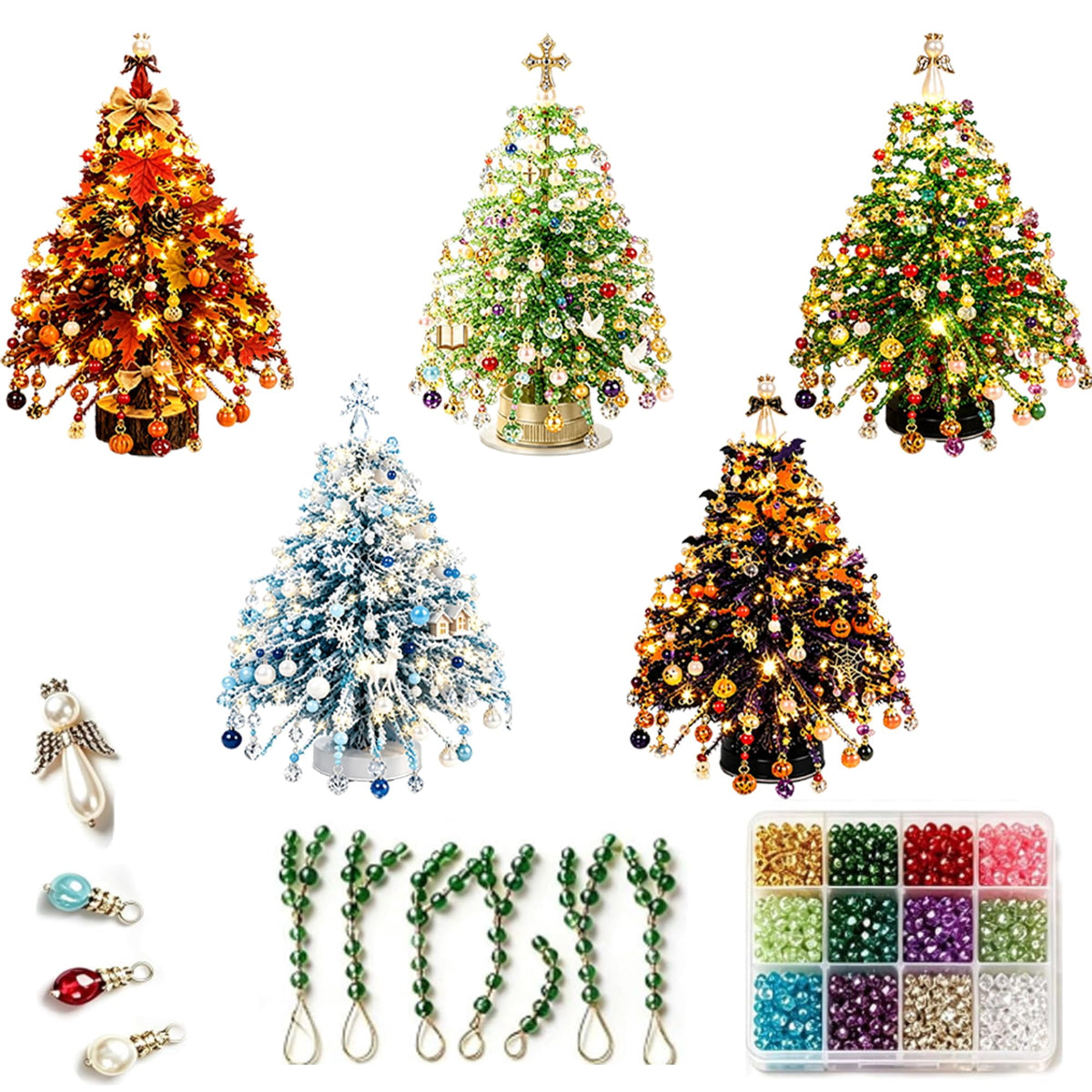 HIJUNE DIY Beaded Christmas Tree Kit, 3D Crystal Bead Holiday Craft Set, Colorful beads and wire, 3D tabletop tree design, compact holiday decor, creative Christmas project for adults