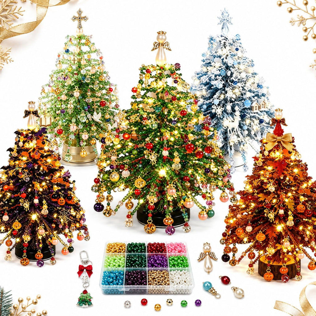 HIJUNE DIY Beaded Christmas Tree Kit, Crystal Holiday Craft Set for Adults, Colorful Beads, Ornament Charms, Metal Frame, Angel Topper, Warm Glow Display, Tabletop Decor