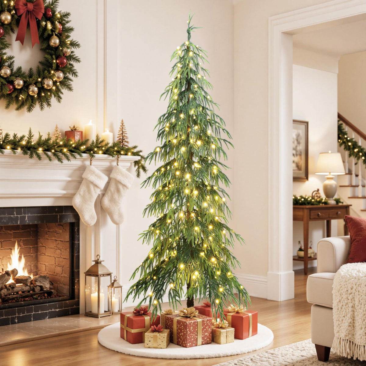 Haven Crest 7.5FT Flocked Cedar Christmas Tree 250 LEDs 2160 PE Tips Decor
