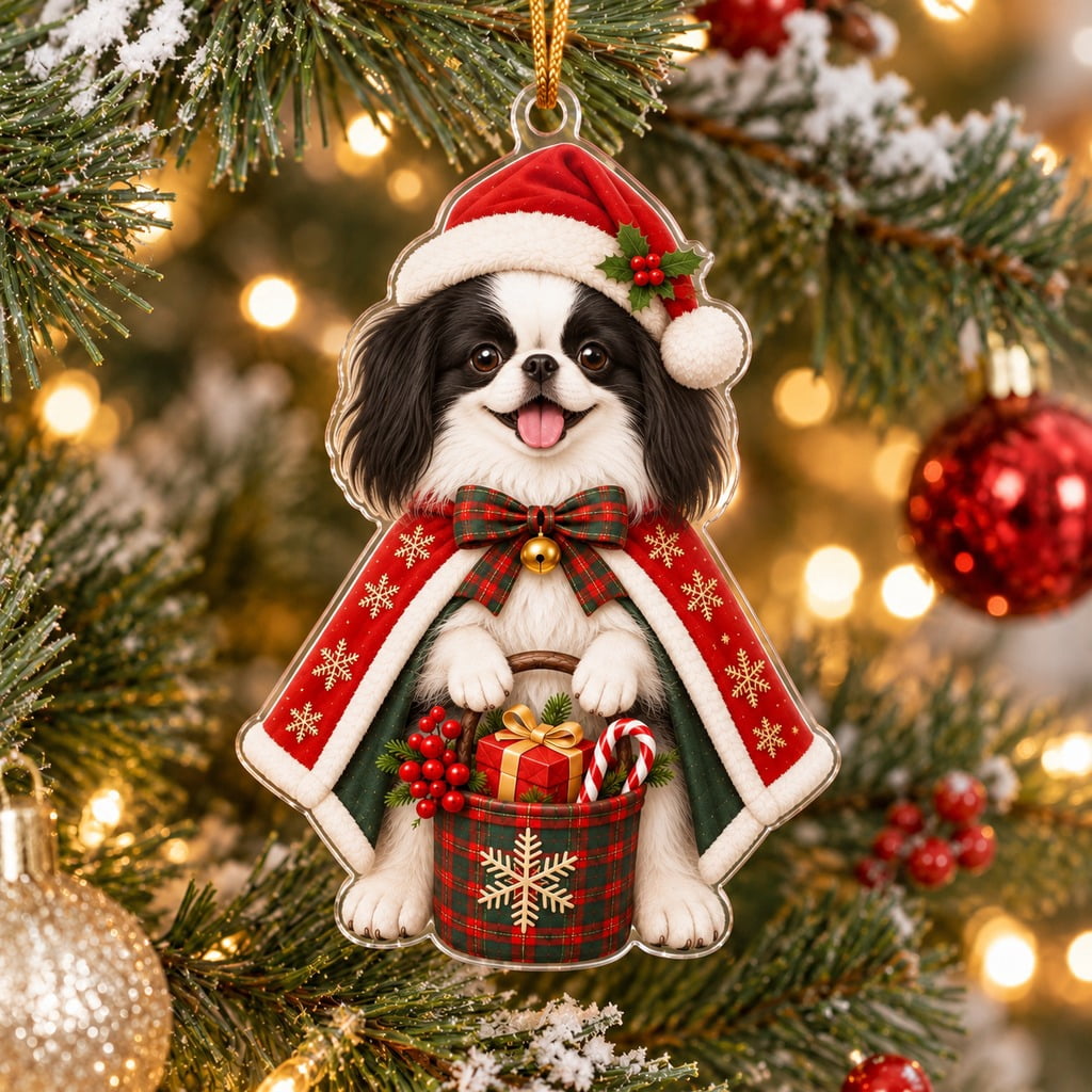 Japanese Chin Christmas Tree Hanging Ornament, Acrylic Santa Dog Gift for Pet Lovers