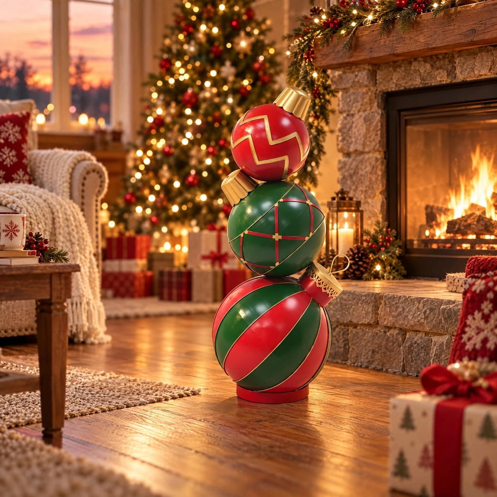 Jivora 12" Stacked Christmas Balls Decoration, Red Green Holiday Tabletop Ornament for Home