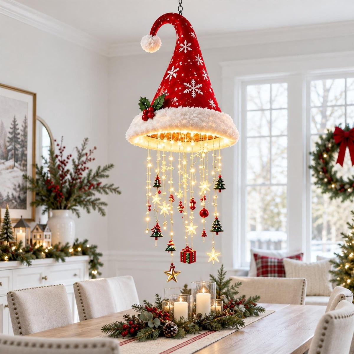 Lighted Santa Hat Hanging Chandelier Christmas Hat Lamp Decoration Indoor