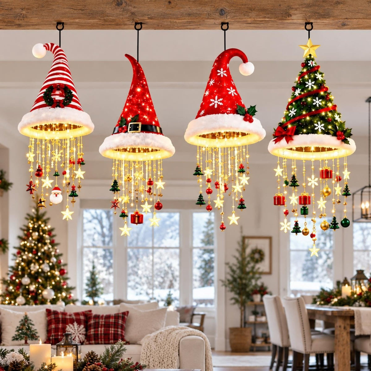 Lighted Santa Hat Hanging Chandelier Christmas Hat Lamp Decoration Indoor