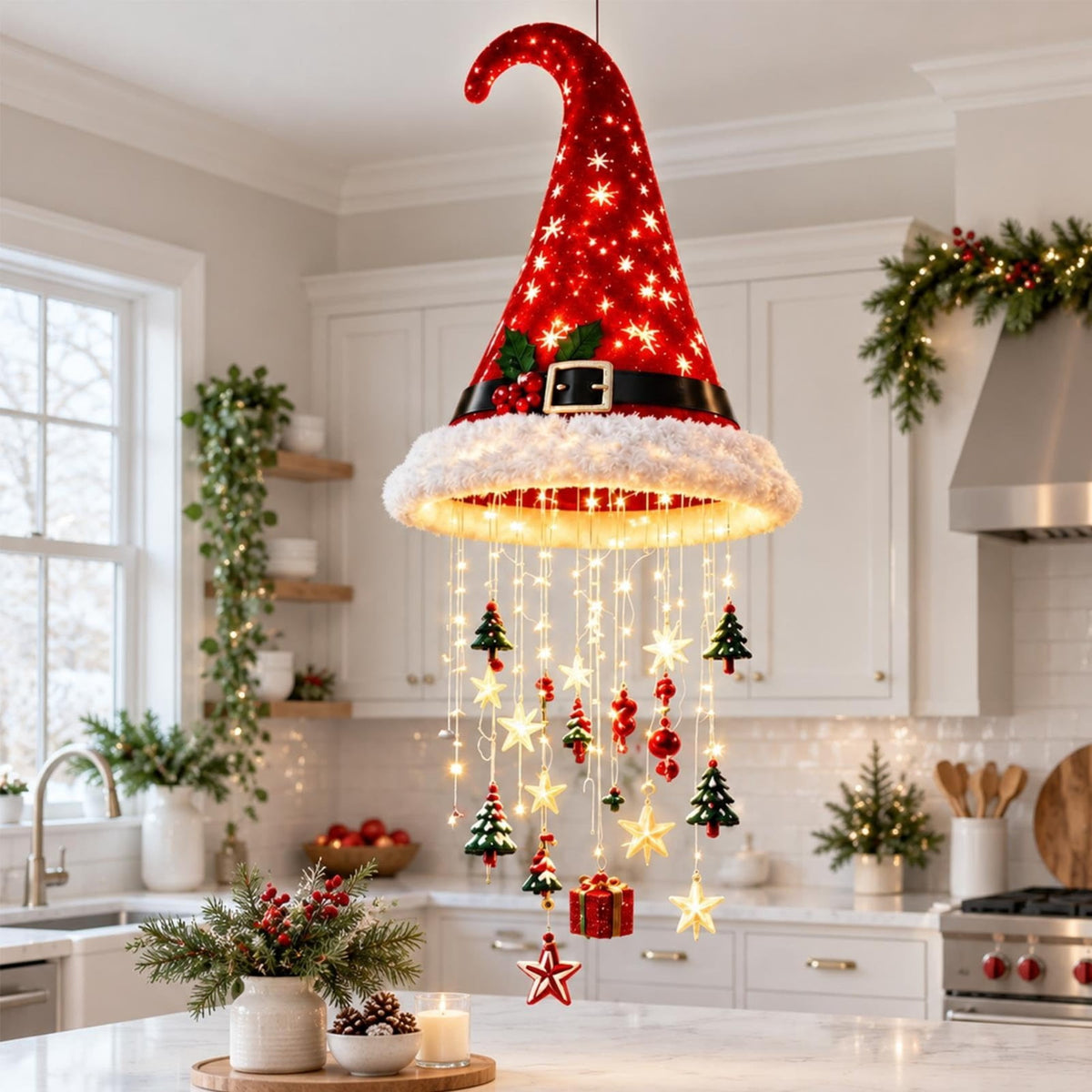 Lighted Santa Hat Hanging Chandelier Christmas Hat Lamp Decoration Indoor