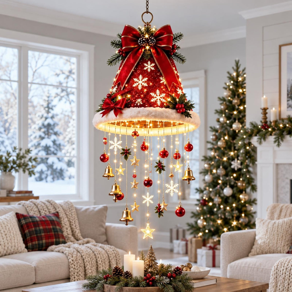 Lighted Santa Hat Hanging Chandelier Christmas Hat Lamp Decoration Indoor