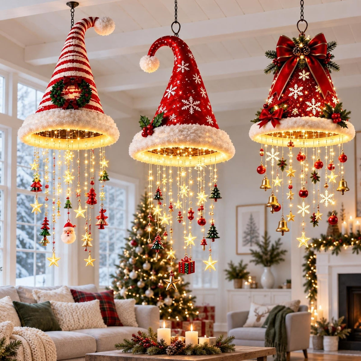 Lighted Santa Hat Hanging Chandelier Christmas Hat Lamp Decoration Indoor