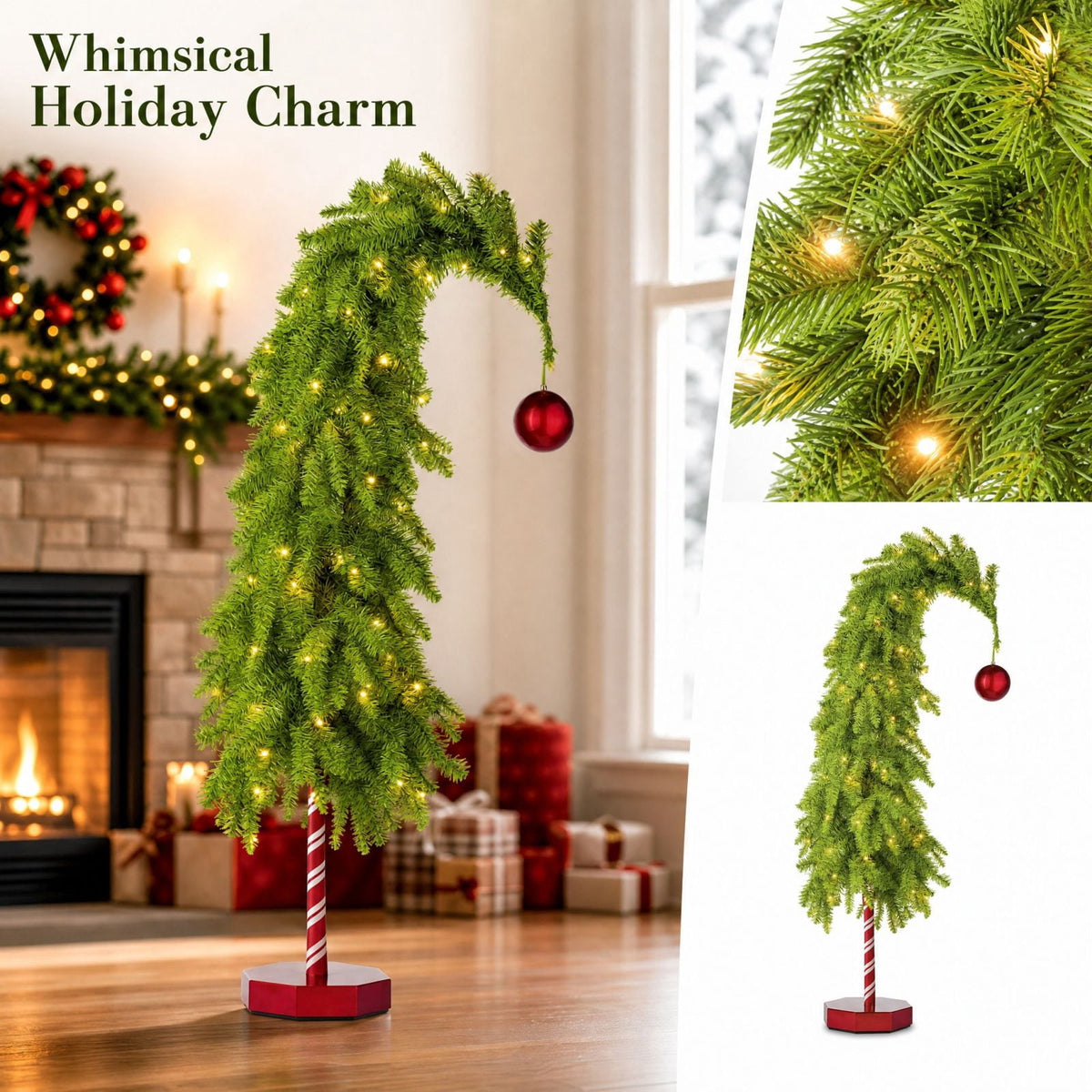 MInHoues Lighted Whimsical Christmas Tree, 55" Pre‑Lit Warm LED Bent Christmas Tree with Red Ornament, Candy Cane Base Tabletop Holiday Decor, Battery Operated Small Curved Xmas Tree for Home Party